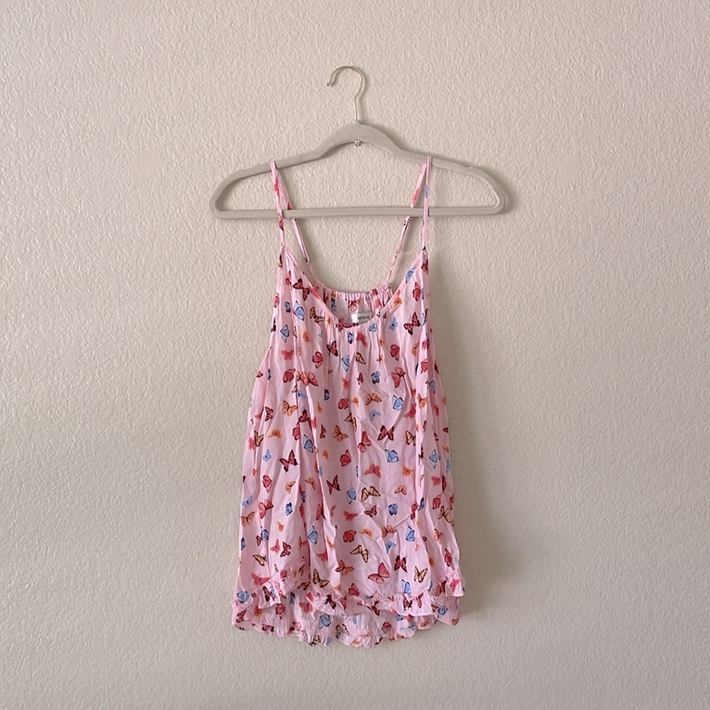Kensie Camisole Top Scoop V Lounge Ruffle Tank Cottage Butterflies Pink
